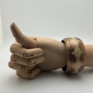 Enameled boho styled brass, copper & goldtone inlaid cuff bangle bracelet CT